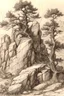 Placeholder: drawing by brown-red Conte, use a little of the style of the Art of Moebius, use the style of Piet Mondrian to draw branches and trees, cliffs, rocks, stones, deep valleys, hills and mountains, highly detailed, textures in the same style, avoiding symmetric composition, art, pine tree