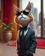 Placeholder: Medium shot 3D illustration of a hitman cat wearing a suit and sunglasses. He is standing in a room with a red carpet and a flower pot. The background is blurred and contains a cityscape. Ultra quality