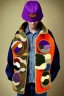 Placeholder: Brunette. average body type. big head. Mantle is sewed of upcycled Denim and sewed together of camouflage pieces. Pieces' color are orange, cream and purple. It is with big bright purple felt tippet and cream-colored-hood. mantle is merged with satchel. . Big AKG-style headphones (gold rings!) is merged with small felt cap with small visor. Style: Haute Couture in 1920's, N.Y.C fashion in 1996, inspired by street art. Cream latex gaiter. Her head and rest body!