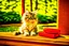 Placeholder: a contented long-haired cute beige kitten with big headphones on its head sits on a red bench in the woods, musical notes emanating dynamically from the headphones, mice sitting in front of the bench playing cards in the sunshine