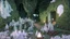 Placeholder: fantasy environment first person view, a path going through a dense green leaf forest, summer warm dusk time, a campfire on the left, blocky 3D low poly cartoon render style