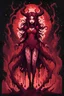 Placeholder: Demon girl wizard in front, fullbody, behind blood guts rising from the ground, darkred tones,cosmic horror, nightmare, galaxy, 8bits, pixel art,