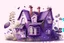 Placeholder: House illustration, realistic, detailed, illustrative, childrenbook style, Purple house, cute plants