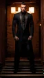 Placeholder: Jason David Frank Very muscular man with short hair and tribal tattoos piercings wearing a black suit , fantasy standing in a doorway