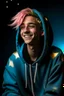 Placeholder: An androgynous young man with tousled pink hair and golden eyes floating among the stars wearing a light blue hoodie and black board shorts. He is smiling softly and holding a star in one hand.
