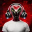 Placeholder: avatar portrait cute alien animal Figure in a provocative pose,wearing headphones, Raw, gritty, Gothic, t-shirt design, Dark reds and blacks, bright, bloody red , background Distorted or blurred splash, imagery that suggests violence and chaos, t-shirt design, 3D vector art, Defiant, rebellious, aggressive, fantasy art, watercolor effect, bokeh, Adobe Illustrator, hand-drawn, digital painting, low-poly, soft lighting, bird's-eye view, retro aesthetic, focused on the character