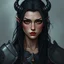 Placeholder: A digital illustration shoot from a portrait camera angle about a portrait of a young woman with striking features. In the middle of the image, a 20 years old orc woman, appears to be looking at the viewer lost in thought. she has long black hair, red eyes, and is wearing armour. her face is painted with red lipstick