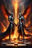 Placeholder: Create an awe-inspiring digital painting of a mythical duel between an infernal knight and a divine queen on an expansive chessboard. The knight, an imposing figure with armor that weaves darkness and flames, stands engulfed in smoldering embers and crackling fire. Opposite him, the queen emanates a celestial aura, her wings unfurling with brilliant light and pure energy. They confront each other amidst a dynamic backdrop of a futuristic city skyline, with stormy clouds overhead and bolts of lig