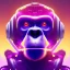 Placeholder: A beautiful portrait of a cyborg monkey purple neon color scheme, high key lighting, volumetric light high details psychedelic background