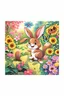 Placeholder: The cute bunny excitedly looks at a bright yellow sunflower in the colorful garden, the beautiful butterfly and the friendly brown squirrel are next to the bunny and smiling, child book illustration style, faces must be the same as reference image