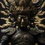 Placeholder: a hyper-realistic Surrealism (RAW, simulation), close-up look of a Japan Fudo Myo-o god with a thin layer of clear glass head and face, revealing the intricate details of its black titanium head and face beneath the surface, wearing a matte black titanium body suit with gold detail, dynamic pose, white background, absolutely lavish surfaces color and lighting, modeling of light and shade, ultra unique natural textures, vray