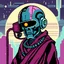 Placeholder: 8 bit pixelart of a terminator like robot, synthwave colored, vaporware, budist monk robe
