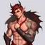 Placeholder: A Young Adult Male. A unique blend of Wood Elf and Red Tiefling features. His handsome face contrasts with the Yakuza dragon tattoos that completly cover his back, arms, and legs. He is wearing a torn coat. A physique that is strong and well-built, resembling a Fighter.