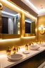 Placeholder: Women's bathroom, beautiful and tidy, with simple golden lighting