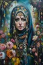 Placeholder: Artistic painting by paintbrush, Portrait of Muslim woman in burqa, flowers in turban, loads of hanging crystals and flowers, heavy makeup, loads of jewellery, painted by in style of Frida Khalo