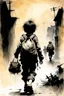 Placeholder: The nightmare small child having a bag pack walks in the streets, at war time , in the street with some soldiers illustration by Stephen Gammell