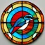 Placeholder: round coaster of kingfisher with stained glass window effect, highly detailed, intricate, warm colors, stained glass window, glossy from rain, warm lighting