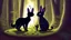 Placeholder: A black cat staring a white rabbit in the forest.