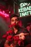 Placeholder: An spanish Guy with big eyes "Enrique" performing at dance club, his name is "Enrique" Red roses On stage, red Neon lights and smog, and "Din KEBAB I NATT" big sign on the wall, serenade under balcony,a lamb on the balcony