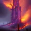 Placeholder: a tall skewed tower on fire in a hurricane, upper body of purple devil with spear