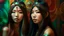 Placeholder: Two young Asian women with long dark hair and ornate headpieces against a colorful abstract background