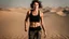 Placeholder: beautiful slender caucasian female technician, black tank top, angry, running, well toned muscles, weathered face, scratched sand camo metal details, short brunette wavy bob haircut, dystopian, desert scene with smoke and explosions,