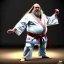 Placeholder: Homme gros ventre en kimono karate, barbe, long cheveux, chigon, dojo, coup de pied