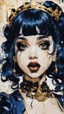 Placeholder: Poster in two gradually, a one side malevolent goth vampire girl face and other side the Singer Melanie Martinez face, full body, painting by Yoji Shinkawa, darkblue and gold tones,