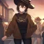 Placeholder: Clear focus, High resolution, short brown spiky hair, hair between eyes, eyes closed, wearing a brown detective hat, wearing a brown jacket and a black shirt, wearing black shorts, 1girl, pulling hat down, smiling, wearing a oversized hoodie