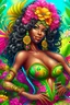 Placeholder: Create a digital airbrush cartoon of a curvy African American female wearing Brazilian carnaval outfit outfit that's pink, green and white. Prominent make up with hazel eyes. Highly detailed very long extremely curly black hair. Her skin is smooth and silky. Background of a judge full of colorful flowers