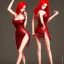 Placeholder: beautiful woman, red hair, mini dress, tall, long legs