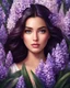 Placeholder: Medium view of a beautiful girl standing surrounded by full of hyacinth flowers, beautiful face, dark hair, shining eyes, digital painting style, high quality, 4k