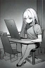 Placeholder: thin hacker girl use a laptop sitting in a cafe, line arts, greyscale