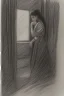 Placeholder: Pencil sketch of Young woman look through the window , Arab features,sad, long wavy hair, full body، on lined paper