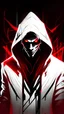 Placeholder: Concept art of a computer game character, blackandwhite, in two projections, An assassin man in a white hooded suit, evil look, evil smile, glowing red background, black lines, blond hair, black eyes