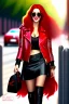 Placeholder: pretty 30 years old woman, red long haired, nice smile, sunglasses, headphones, nice body, big bubs and nice legs, little leather jacket, skirt and boots rocker fashion