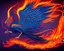 Placeholder: surreal illustration of a fiery phoenix, a flaming phoenix, realistic, surrealism, surreal phoenix with glowing fire wings, glowing soft and smooth wings, abstract surreal fantasy art, highly detailed, intricate patterns on wings, soft studio lighting, smooth dark blue background 64k