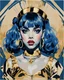 Placeholder: Poster in two gradually, a one side the Singer Danish MØ face, and other side the Singer Melanie Martinez face, symmetry, painting by Yoji Shinkawa, darkblue and gold tones,