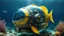 Placeholder: a fish swimming inside of the deep sea diving helmet, hyper photorealistic, hyper detailed realistic art color, high resolution, fog, octane render, tilt shift, HDRI Environment