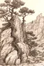 Placeholder: drawing by brown-red Conte, Art of Moebius, use the style of Piet Mondrian to draw branches and tree, cliff, rocks, stones, deep valley, hills and mountain, highly detailed, textures in the same style, avoiding symmetric composition, art, pine tree