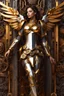 Placeholder: Photo Full body Lady Angel cyborg straddle wings, using traditional armor,detailed, intricate,gears cogs cables wires circuits, gold silver chrome copper,abstract background