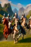 Placeholder: detailed oil painting, renaissance style, of mounted knights galloping across an open field, swords in hand, mountains in distance