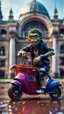 Placeholder: full figure portrait of a giant dunking basket player vampire werewolf goblin gremlin in moped car on wet soil in front of dome court, in the style of Gorillaz,bokeh like f/0.8, tilt-shift lens 8k, high detail, smooth render, down-light, unreal engine, prize winning