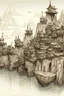 Placeholder: wooden pirate cliffside city with lagoon sketch