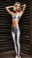 Placeholder: photography of a beautiful anorexic woman, silver satin top, sports illustrated, blond short wavy bob haircut, pronounced sternum, short leggins