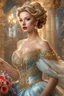 Placeholder: Photography realistic Beautiful Cinderella, wearing a magical gown of swirly flowing marble water gold filigree curlicues, flowering flowers, bloom, sparkle, ornamental gilt, diamonds, rubies, emeralds, sapphires, beautiful, delicate, intricate, elegant, graceful, shiny, Hyperrealism, Rococo, expressive, spherical, zoom out, volumetric lighting