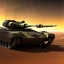 Placeholder: Wide desert view of Military hovertank from the future, 4k, highly detailed, render, rivets, hovering, axles, sunset stormy, painted by chris foss