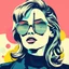 Placeholder: Pop art composition of a stylish woman with wavy hair wearing reflective sunglasses reflecting the Eiffel Tower, abstract shapes in background, classic advertising vibe, by Warhol, vaporwave