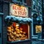 Placeholder: Neighborhood Storefronts, Shop display window in the neighborhood. Festive Christmas showcase. Teddy Bear shop with sign reading "BEARS N STUFF", Quaint, light snow, lights, twilight, Teddy bears of various sizes in window, Nostalgic. HD, Ultra-real