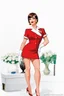 Placeholder: cartoon style full body image of very feminine, dark brown haired 50 year old sexy French stewardess in red uniform with short bob cut and strong, seductive makeup, smoky green eyes, highly shiny white plastic gloves, big thick pouty bright red lips and large golden earrings